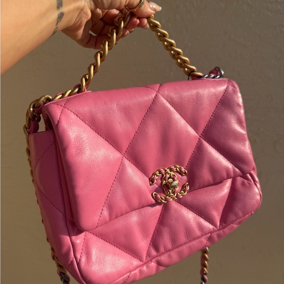 CHANEL Handbags - CHANEL Pink Quilted Lambskin Chanel 19 Flap Gold and Ruthenium Hardware